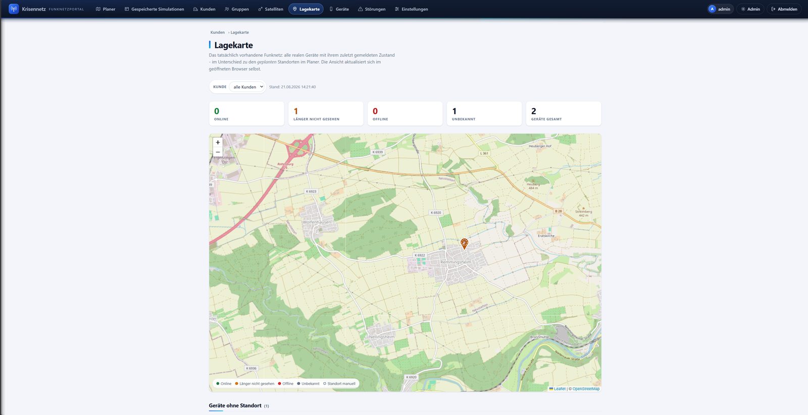 Lagekarte im Portal mit Kennzahlen zu Online-, unbekannten und länger nicht gesehenen Geräten, dazu die Karte mit Statusmarkern.
